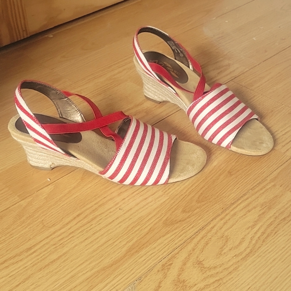 Red and white striped wedge heels, size: 10 Women's